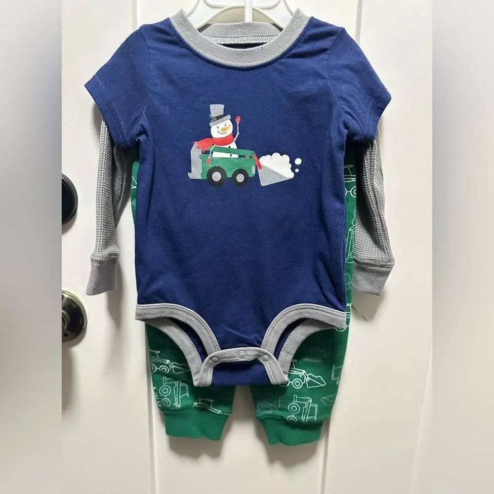 Falls Creek Winter Outfit Bodysuit and Pants Size 6-9 Months Green Blue (788)